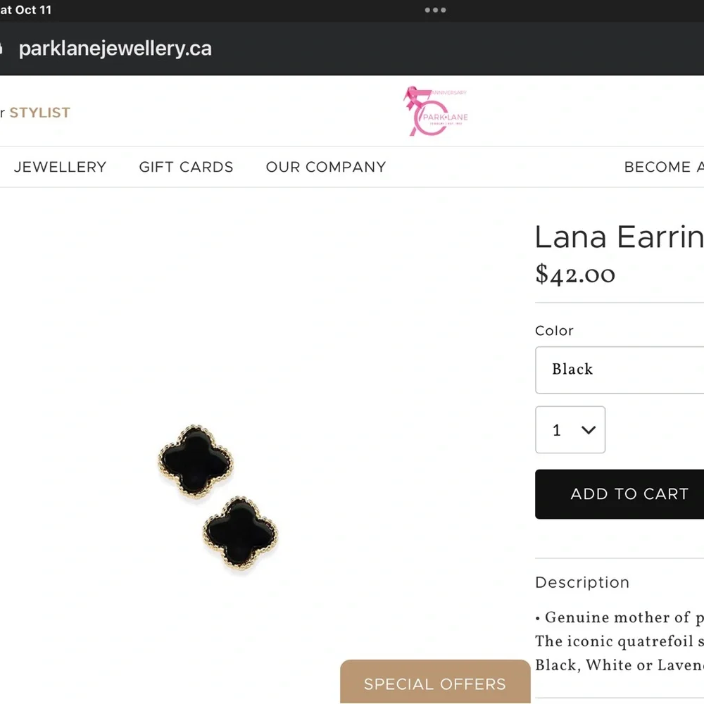 PARK LANE “Lana” EARRINGS Black & Gold Quatrefoil Studs NWT and Gift Box - Picture 4 of 6